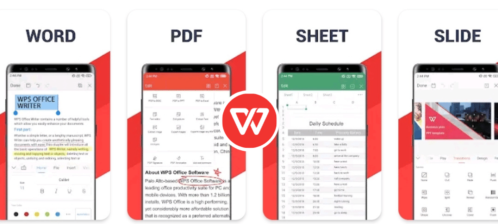 three phones with the word, pdf, and sheet icons on them