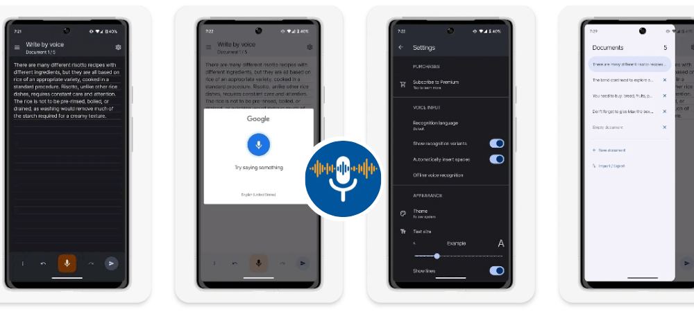 four different screens showing the different features of the google voice assistant